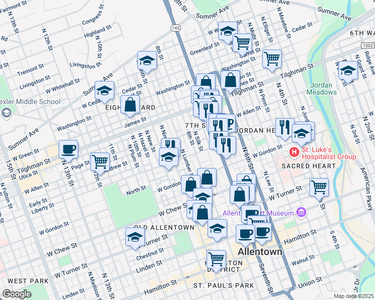 map of restaurants, bars, coffee shops, grocery stores, and more near 815 Pratt Street in Allentown