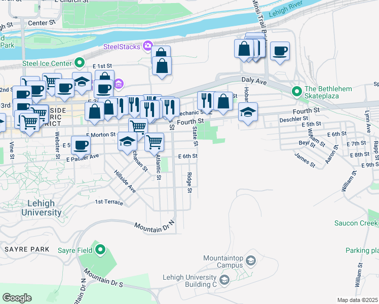 map of restaurants, bars, coffee shops, grocery stores, and more near 940 East 5th Street in Bethlehem