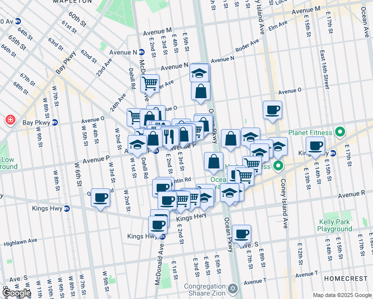 map of restaurants, bars, coffee shops, grocery stores, and more near 462 Avenue P in Brooklyn