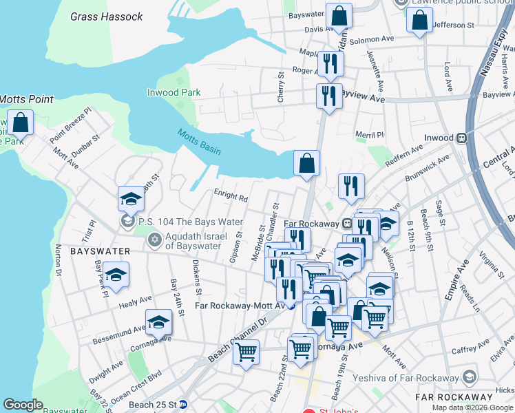 map of restaurants, bars, coffee shops, grocery stores, and more near 14-34 McBride Street in Queens