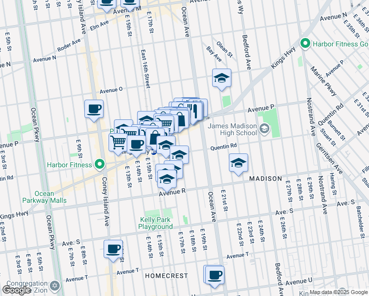 map of restaurants, bars, coffee shops, grocery stores, and more near 1661 East 19th Street in Brooklyn