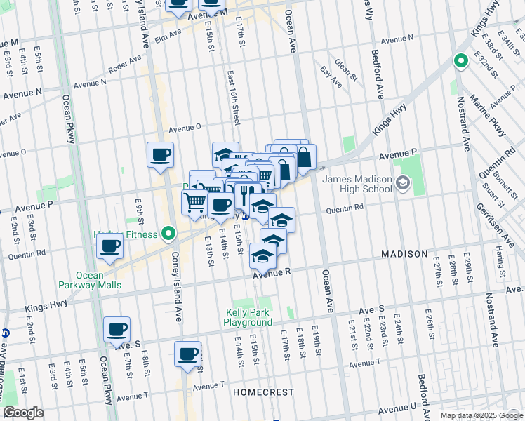 map of restaurants, bars, coffee shops, grocery stores, and more near 1712 Kings Highway in Brooklyn