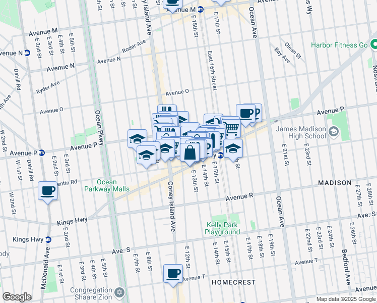 map of restaurants, bars, coffee shops, grocery stores, and more near 1624 East 13th Street in Brooklyn
