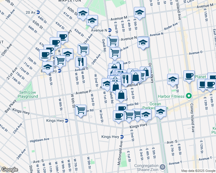 map of restaurants, bars, coffee shops, grocery stores, and more near 2505 65th Street in Brooklyn