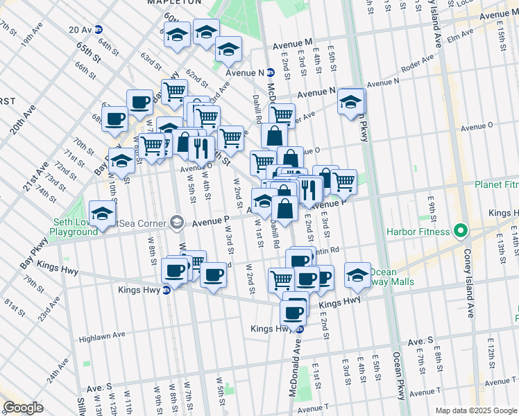 map of restaurants, bars, coffee shops, grocery stores, and more near 1522 West 1st Street in Brooklyn