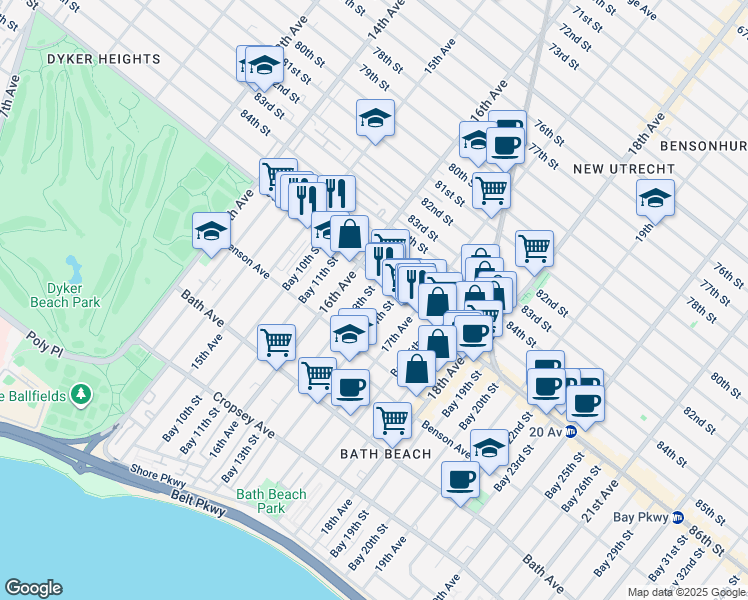 map of restaurants, bars, coffee shops, grocery stores, and more near 1614 86th Street in Brooklyn