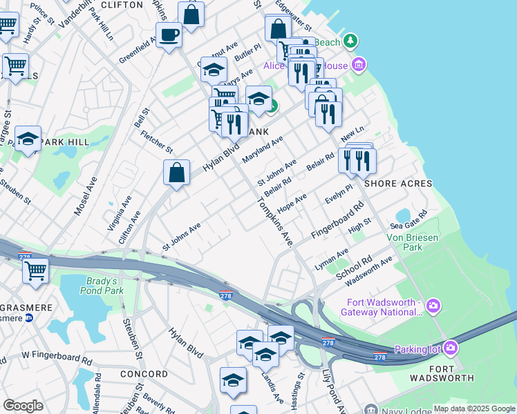 map of restaurants, bars, coffee shops, grocery stores, and more near 180 Saint Johns Avenue in Staten Island