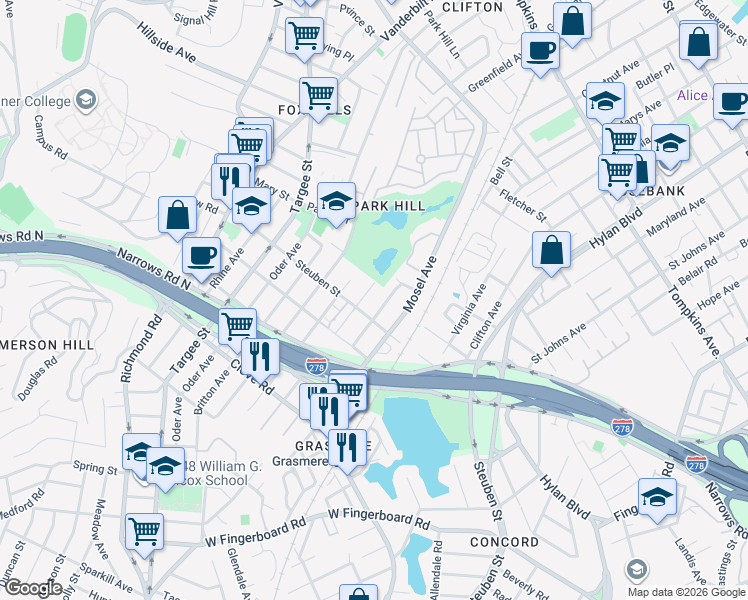 map of restaurants, bars, coffee shops, grocery stores, and more near 195 Steuben Street in Staten Island