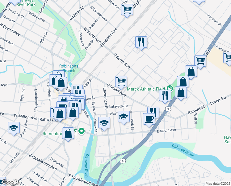 map of restaurants, bars, coffee shops, grocery stores, and more near 234 East Grand Avenue in Rahway