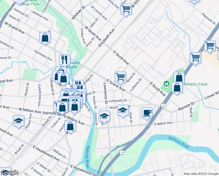 map of restaurants, bars, coffee shops, grocery stores, and more near 169 East Grand Avenue in Rahway