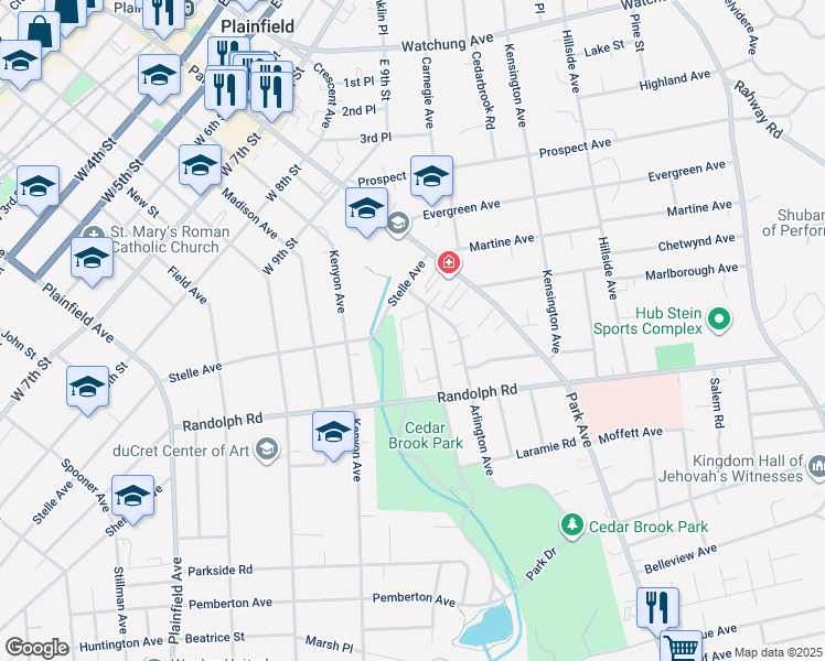 map of restaurants, bars, coffee shops, grocery stores, and more near 1012 Arlington Avenue in Plainfield