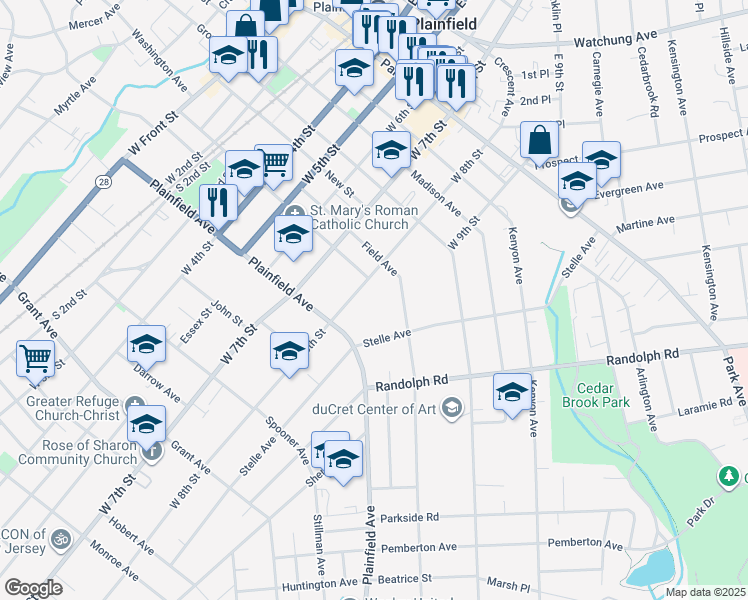 map of restaurants, bars, coffee shops, grocery stores, and more near 500-10 West 8th Street in Plainfield