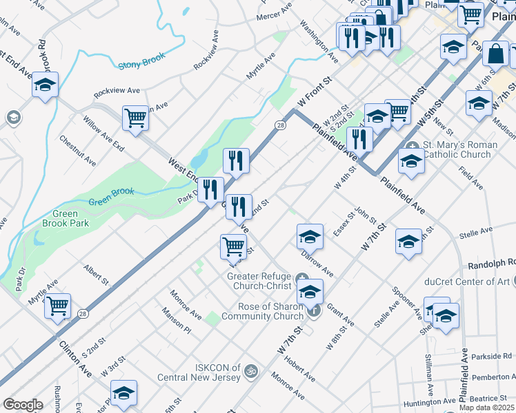 map of restaurants, bars, coffee shops, grocery stores, and more near 200 Spooner Avenue in Plainfield