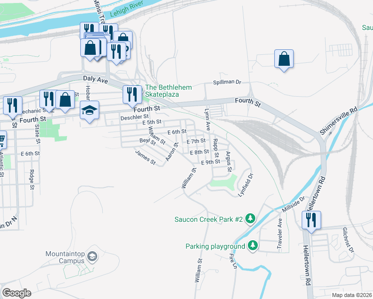 map of restaurants, bars, coffee shops, grocery stores, and more near 1503 East 7th Street in Bethlehem