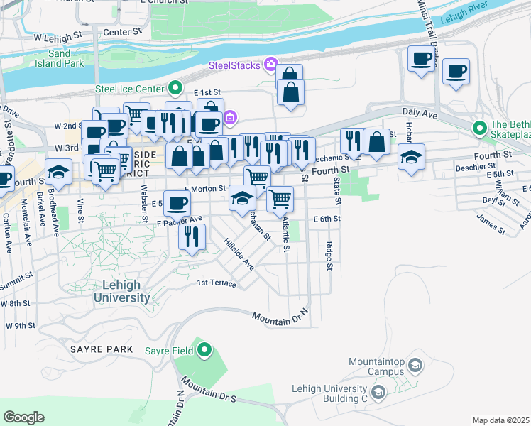 map of restaurants, bars, coffee shops, grocery stores, and more near 704 East 5th Street in Bethlehem