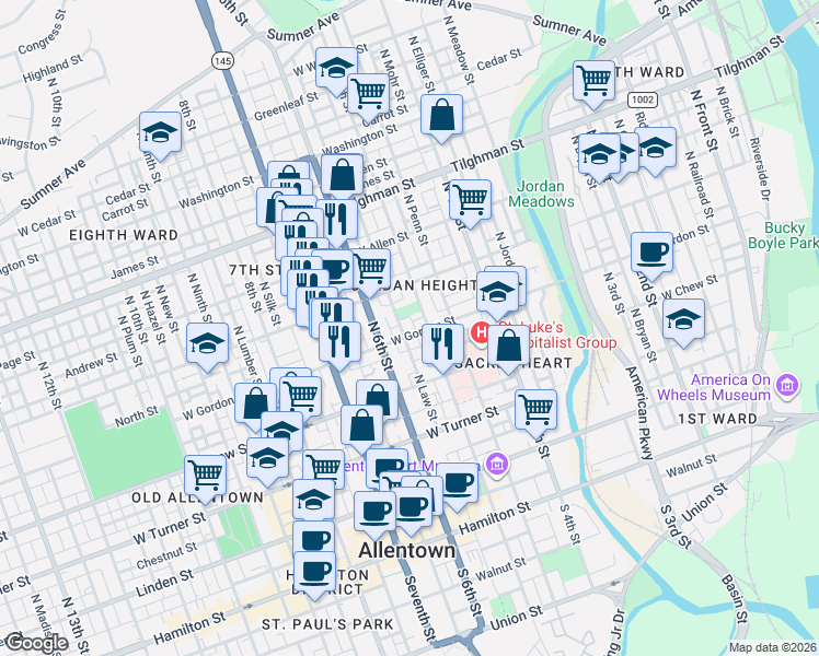 map of restaurants, bars, coffee shops, grocery stores, and more near in Allentown