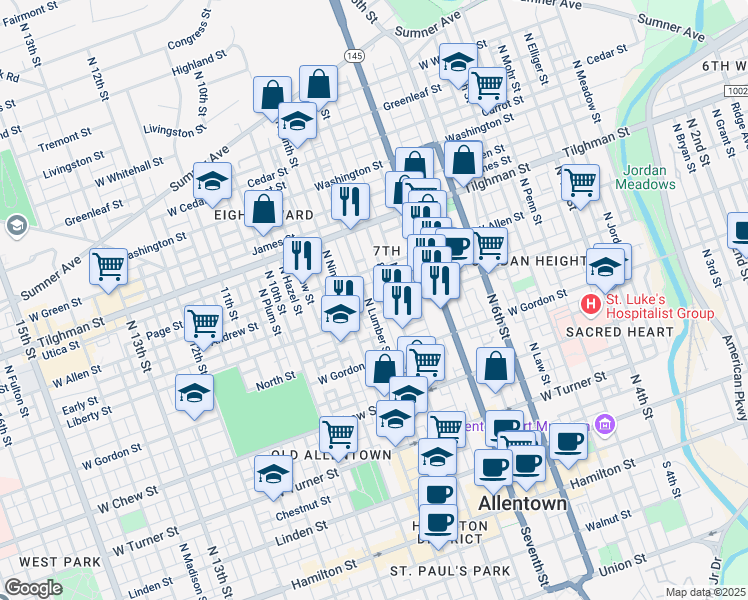 map of restaurants, bars, coffee shops, grocery stores, and more near 826 Allen Street in Allentown