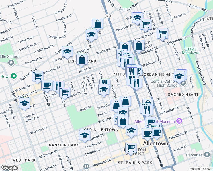 map of restaurants, bars, coffee shops, grocery stores, and more near 826 Allen Street in Allentown