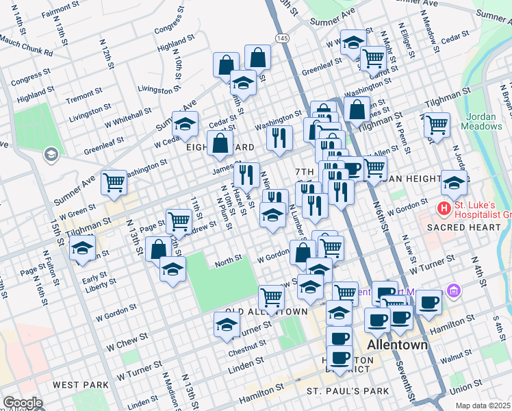 map of restaurants, bars, coffee shops, grocery stores, and more near 913 Allen Street in Allentown