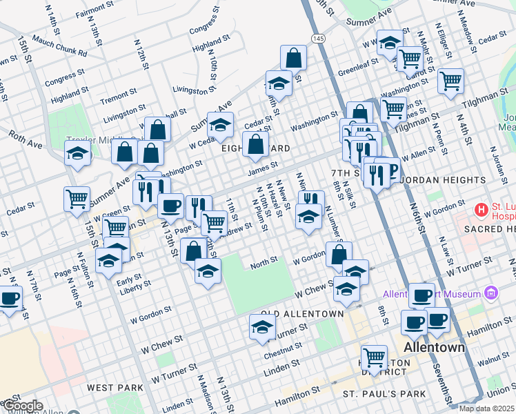 map of restaurants, bars, coffee shops, grocery stores, and more near 639 North Howard Street in Allentown
