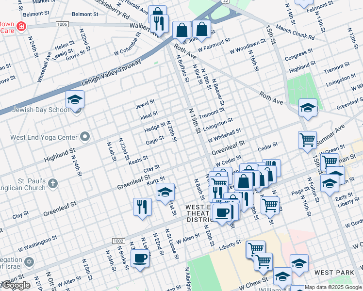 map of restaurants, bars, coffee shops, grocery stores, and more near 1001 North 20th Street in Allentown