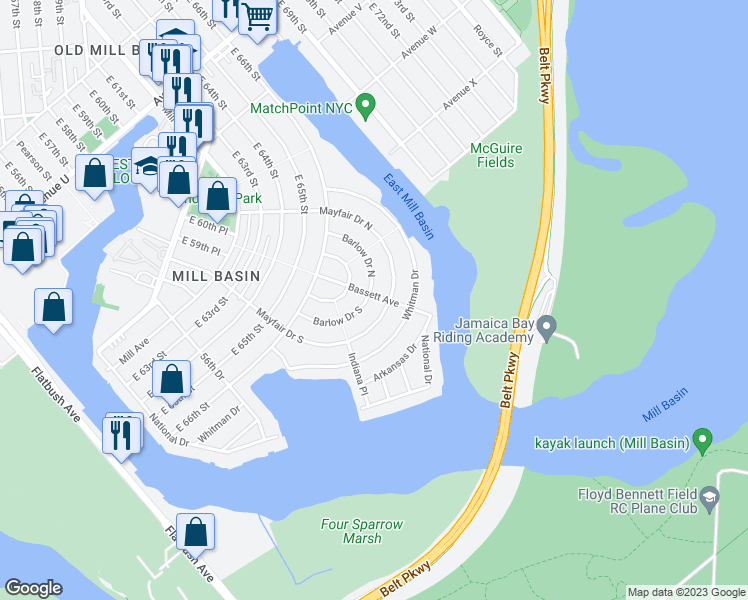 map of restaurants, bars, coffee shops, grocery stores, and more near 74 Barlow Drive North in Brooklyn