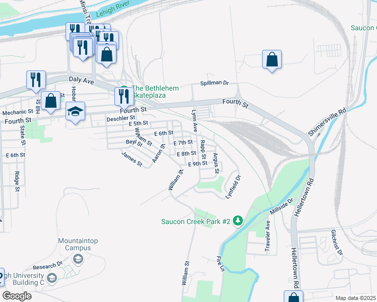 map of restaurants, bars, coffee shops, grocery stores, and more near 1539 East 8th Street in Bethlehem