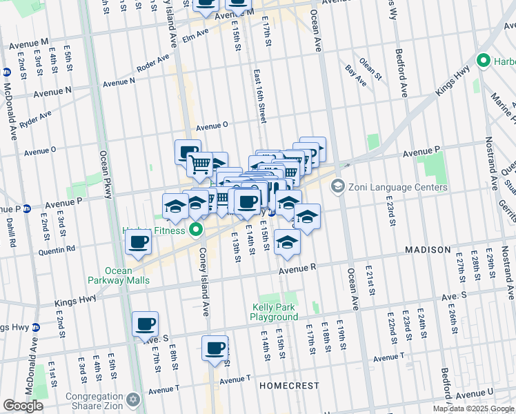map of restaurants, bars, coffee shops, grocery stores, and more near 1630 East 15th Street in Brooklyn