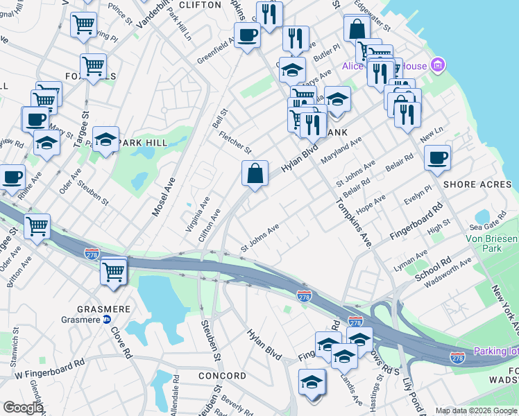 map of restaurants, bars, coffee shops, grocery stores, and more near 7 Maryland Lane in Staten Island