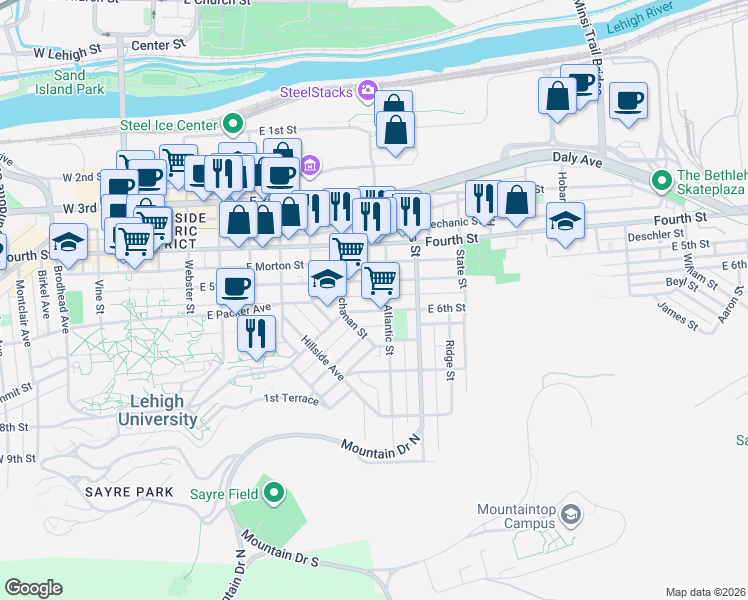 map of restaurants, bars, coffee shops, grocery stores, and more near 752 East 5th Street in Bethlehem