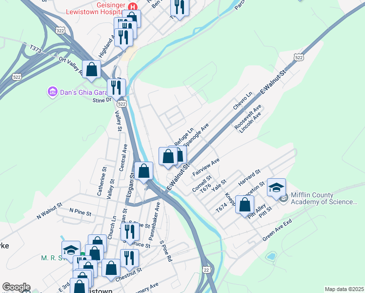 map of restaurants, bars, coffee shops, grocery stores, and more near 7 Spanogle Avenue in Lewistown