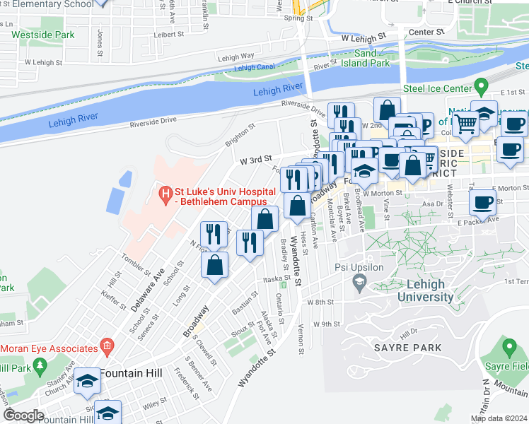 map of restaurants, bars, coffee shops, grocery stores, and more near 516 Pawnee Street in Bethlehem