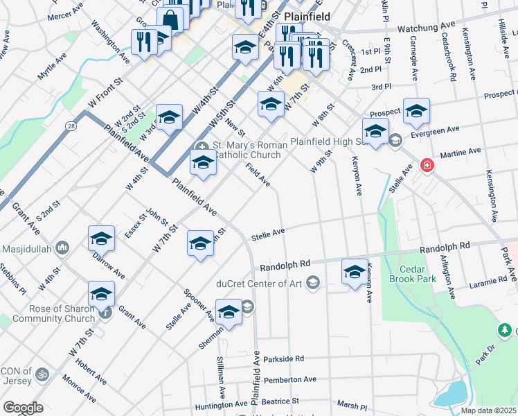 map of restaurants, bars, coffee shops, grocery stores, and more near 500-10 West 8th Street in Plainfield