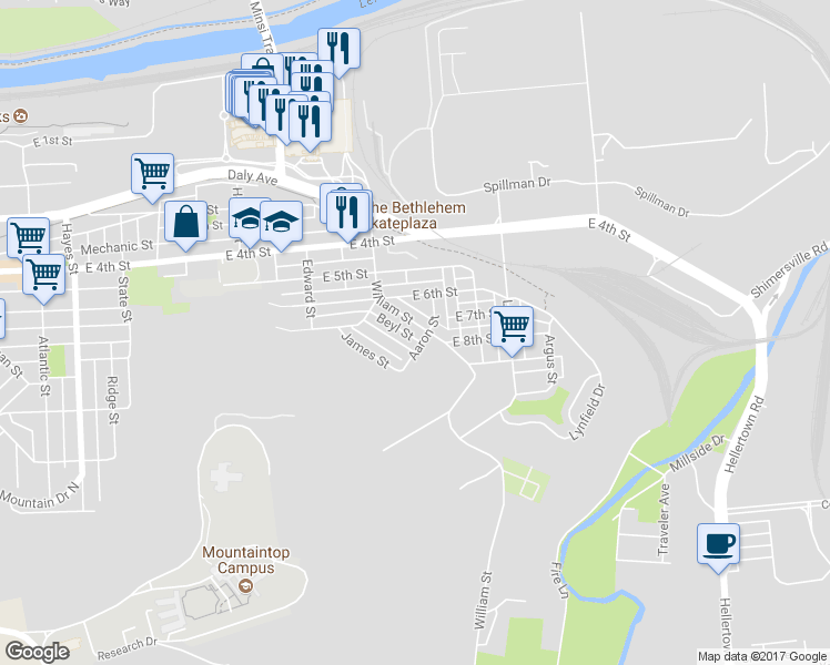 map of restaurants, bars, coffee shops, grocery stores, and more near 646 William Street in Bethlehem