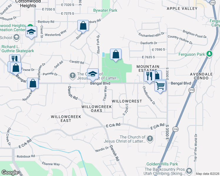 map of restaurants, bars, coffee shops, grocery stores, and more near 3168 Bengal Boulevard in Cottonwood Heights