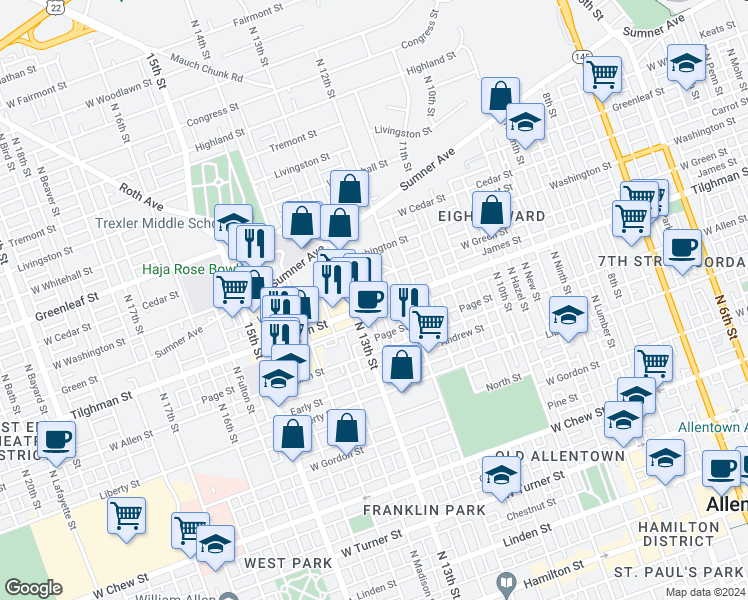 map of restaurants, bars, coffee shops, grocery stores, and more near 1227 Tilghman Street in Allentown