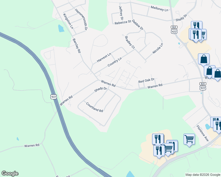 map of restaurants, bars, coffee shops, grocery stores, and more near 2860 Warren Road in Indiana
