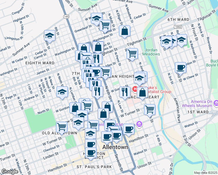 map of restaurants, bars, coffee shops, grocery stores, and more near 419 North 6th Street in Allentown