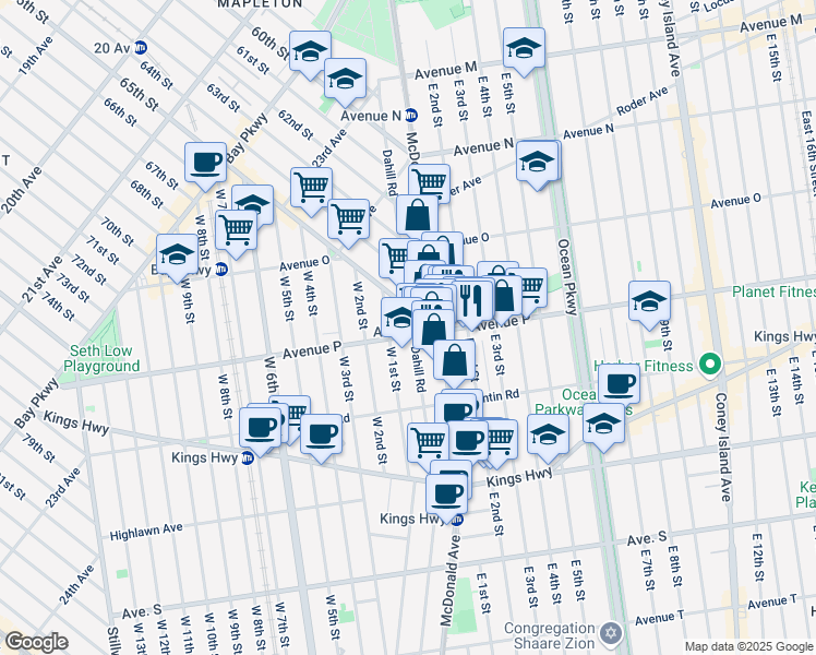 map of restaurants, bars, coffee shops, grocery stores, and more near 357 Avenue P in Brooklyn