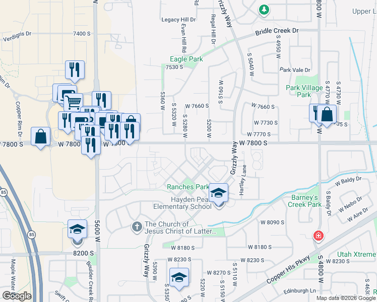 map of restaurants, bars, coffee shops, grocery stores, and more near 7826 South Cool Water Way in West Jordan