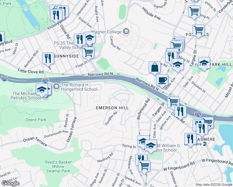 map of restaurants, bars, coffee shops, grocery stores, and more near 11 Twin Oak Drive in Staten Island
