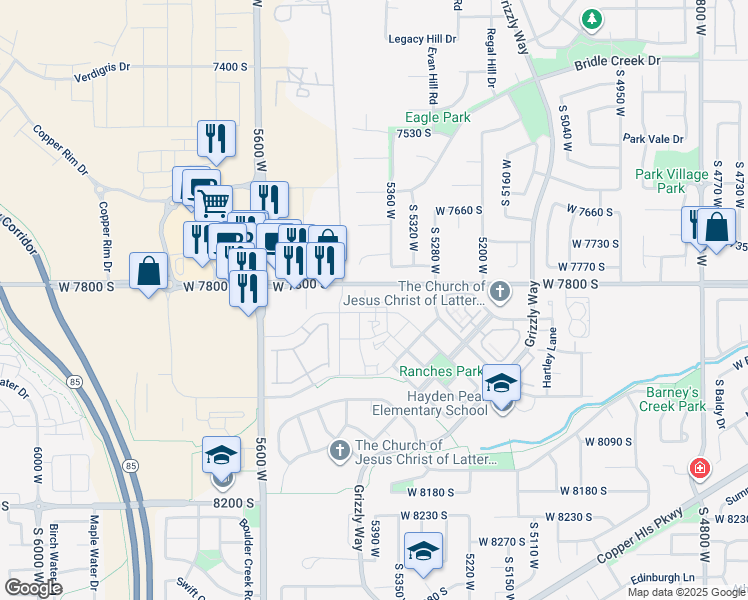 map of restaurants, bars, coffee shops, grocery stores, and more near West 7800 South in West Jordan