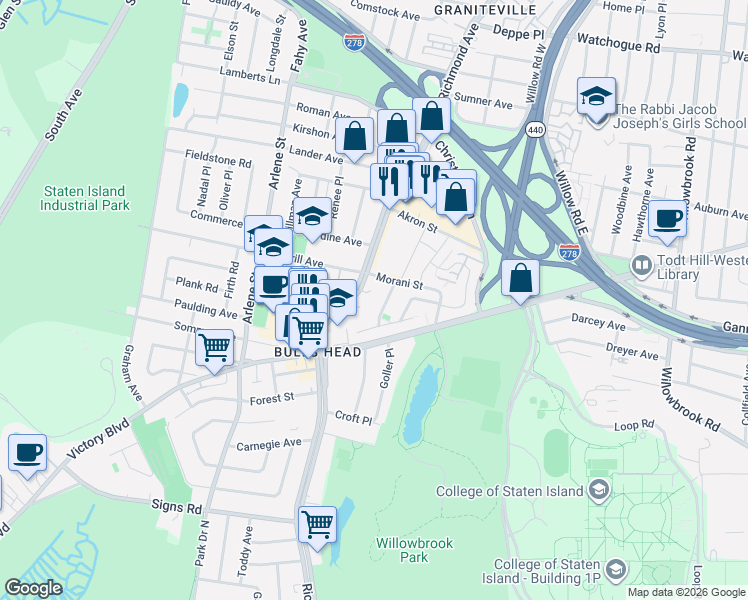 map of restaurants, bars, coffee shops, grocery stores, and more near 1587 Richmond Avenue in Staten Island