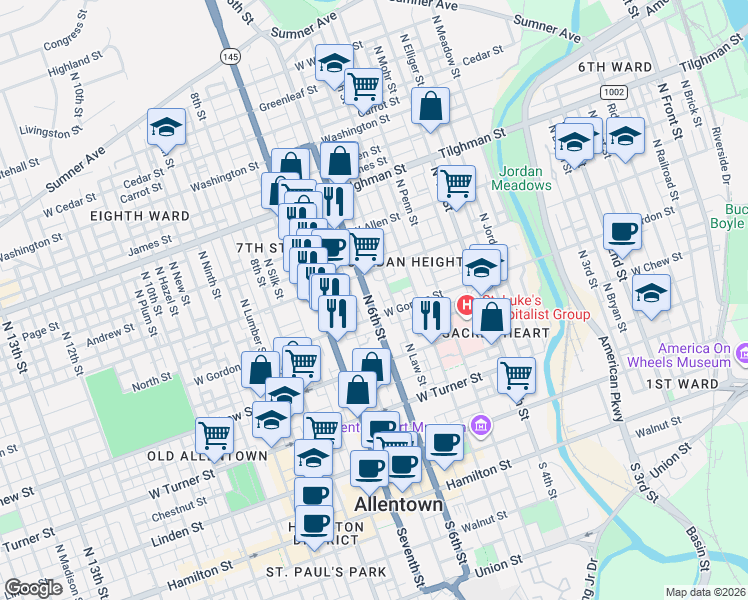 map of restaurants, bars, coffee shops, grocery stores, and more near 439 North 6th Street in Allentown