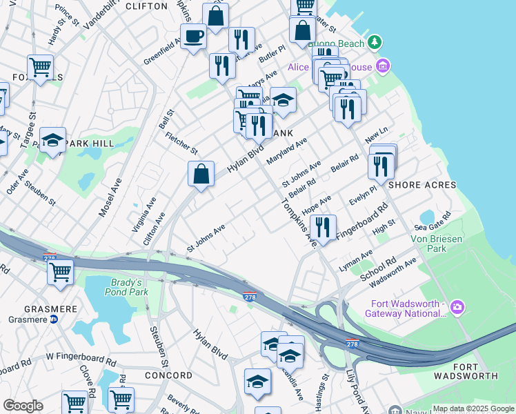 map of restaurants, bars, coffee shops, grocery stores, and more near 46 Bellavista Court in Staten Island