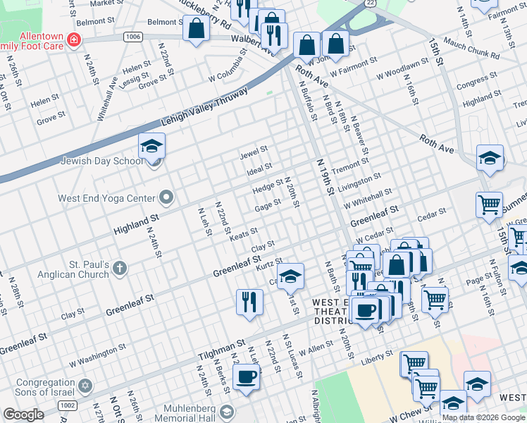 map of restaurants, bars, coffee shops, grocery stores, and more near 1020 North Saint Elmo Street in Allentown