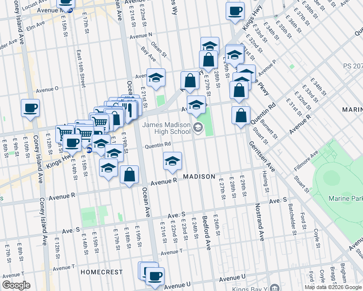 map of restaurants, bars, coffee shops, grocery stores, and more near 2307 Quentin Road in Brooklyn