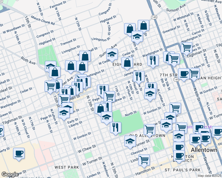 map of restaurants, bars, coffee shops, grocery stores, and more near 1104 State Route 1002 in Allentown