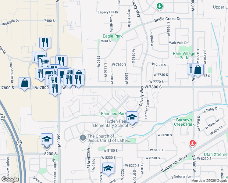map of restaurants, bars, coffee shops, grocery stores, and more near 7826 South Cool Water Way in West Jordan