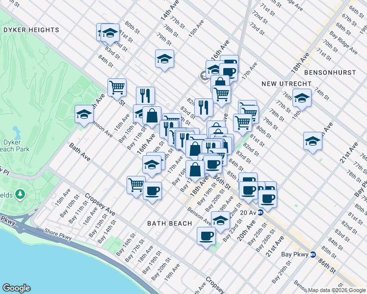 map of restaurants, bars, coffee shops, grocery stores, and more near 1663 86th Street in Brooklyn